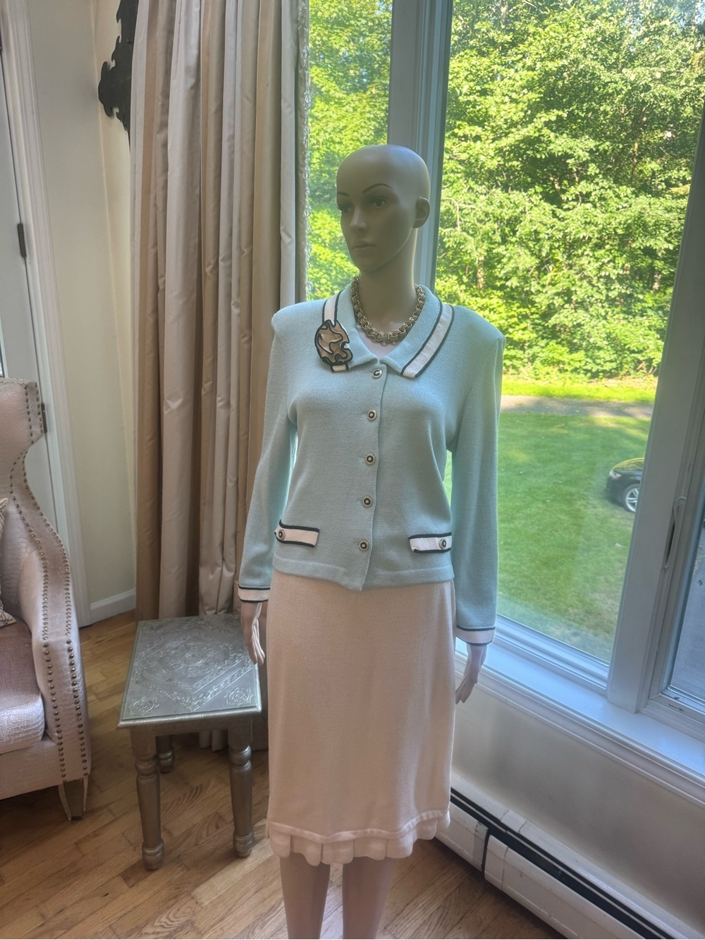 Classic Two-Piece St. John Knit Skirt Set in Pale Blue and Cream